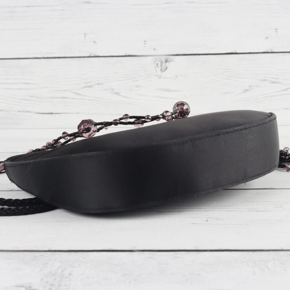 La Regale Black Satin Mini Crossbody or Clutch Bag Beaded Tassels Button Closure - Picture 5 of 8